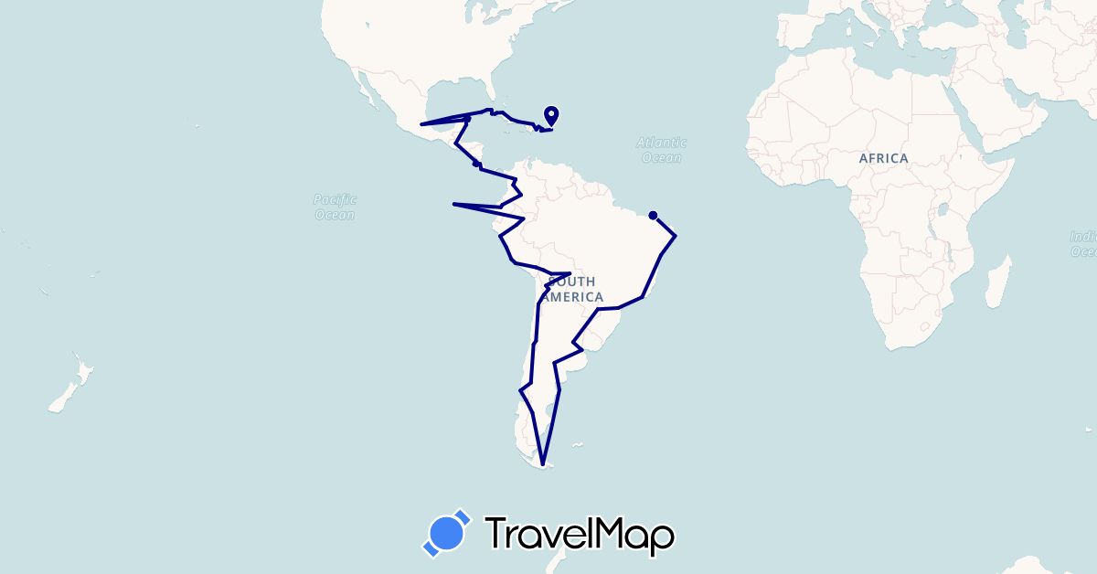 TravelMap itinerary: driving in Argentina, Bolivia, Brazil, Chile, Colombia, Costa Rica, Cuba, Dominican Republic, Ecuador, Guatemala, Mexico, Peru, United States (North America, South America)